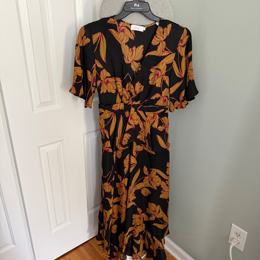 A.L.C. Avi 100% Silk Floral Cutout Maxi Dress 8 Black Ochre 6DRES00441